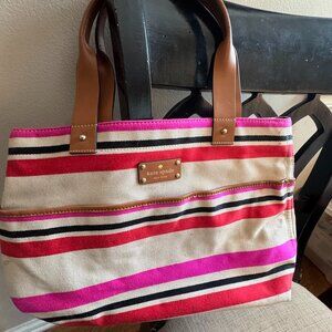 Kate Spade Striped Canvas Tote Pink Red Preppy Y2K Shoulder Bag
